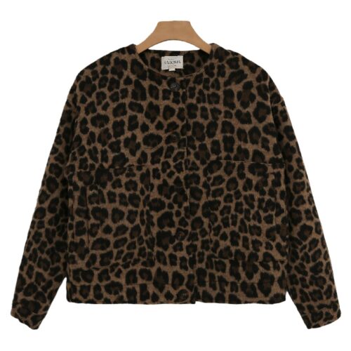 Women's Leopard Print Cropped Jacket with Button Closure