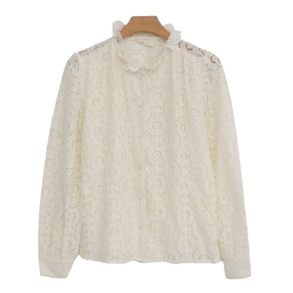 MF3A3345 (1) Women's Ivory Floral Lace Blouse with Ruffled Neckline