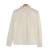 MF3A3346 (1) Women's Ivory Floral Lace Blouse with Ruffled Neckline