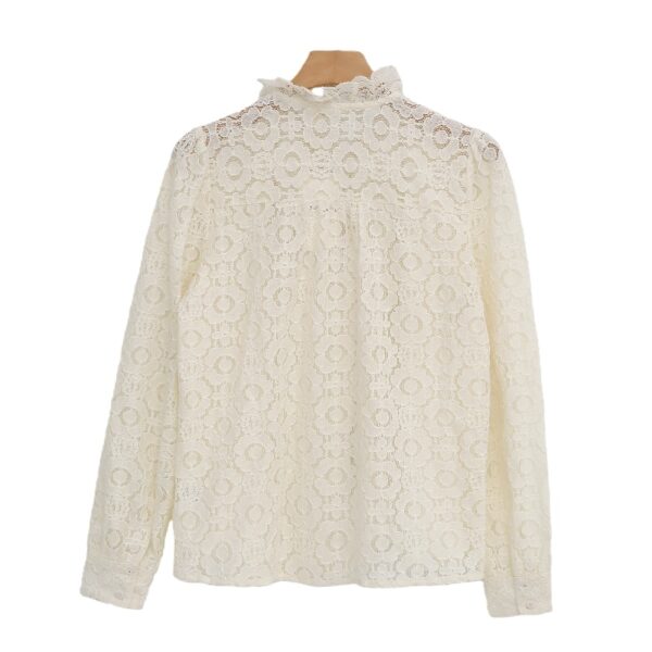 MF3A3346 (1) Women's Ivory Floral Lace Blouse with Ruffled Neckline
