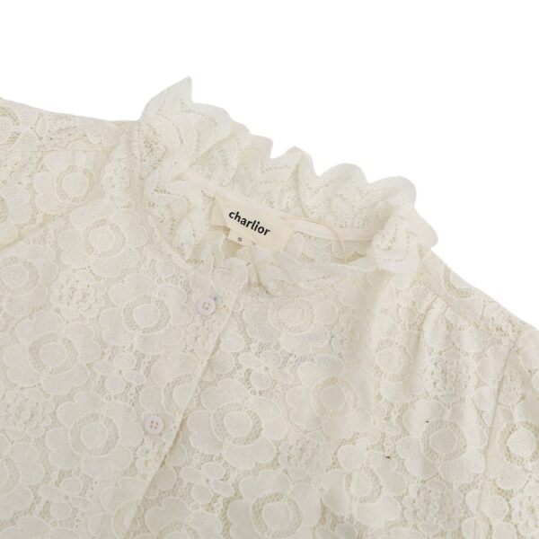 MF3A3347 (1) Women's Ivory Floral Lace Blouse with Ruffled Neckline