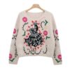 Boho Style Crewneck Sweater with Colorful Embroidery