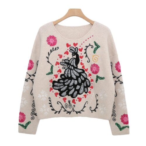 Boho Style Crewneck Sweater with Colorful Embroidery