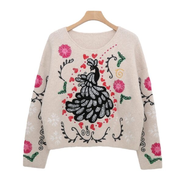 Boho Style Crewneck Sweater with Colorful Embroidery