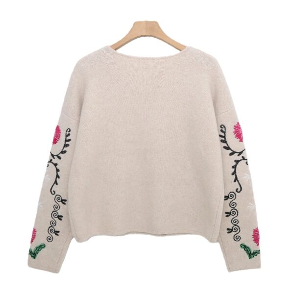 Boho Style Crewneck Sweater with Colorful Embroidery