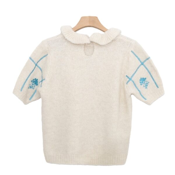 Short-Sleeve Checkered Knit Blouse with Ruffled Collar