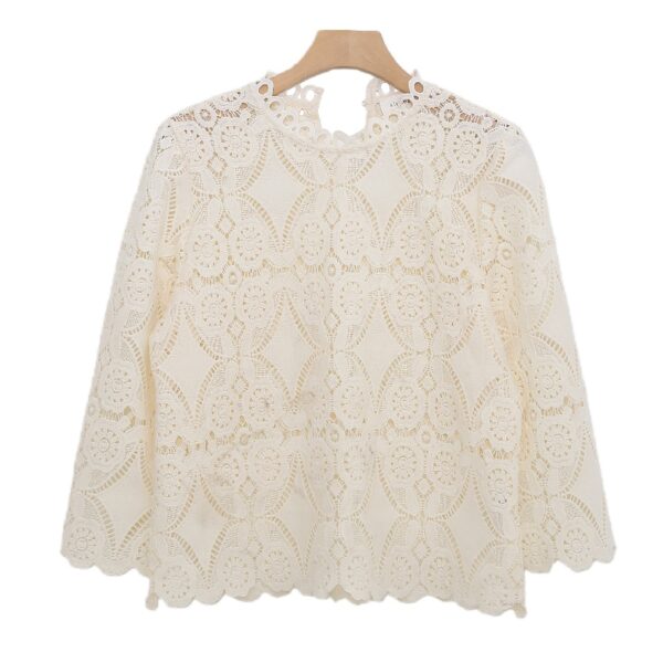 MF3A3360 (1) Elegant Long-Sleeve Crochet Top with High Neck Detail