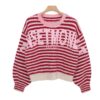 MF3A3364 (1) Women's Red & White Striped Sweater with Pink Letter Patches