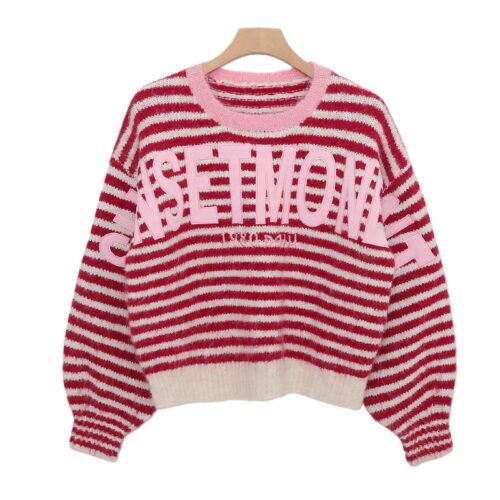 Women's Red & White Striped Sweater with Pink Letter Patches