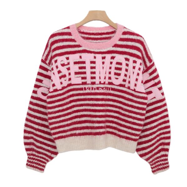 MF3A3364 (1) Women's Red & White Striped Sweater with Pink Letter Patches