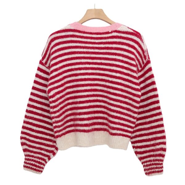 MF3A3365 (1) Women's Red & White Striped Sweater with Pink Letter Patches