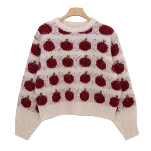 Women's Fuzzy Knit Sweater with Red Apple Pattern