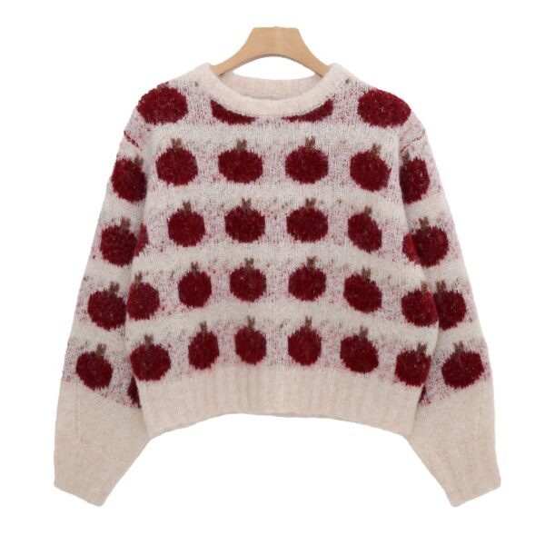Women's Fuzzy Knit Sweater with Red Apple Pattern