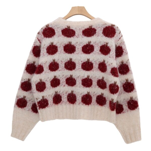 Women's Fuzzy Knit Sweater with Red Apple Pattern