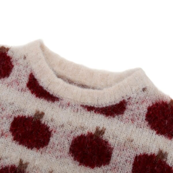 Women's Fuzzy Knit Sweater with Red Apple Pattern
