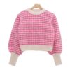 Soft Fuzzy Cropped Crewneck with Textured Checkered Pattern