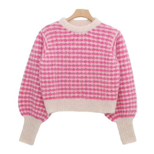 Soft Fuzzy Cropped Crewneck with Textured Checkered Pattern