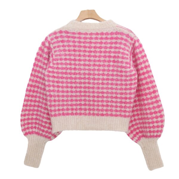 Soft Fuzzy Cropped Crewneck with Textured Checkered Pattern