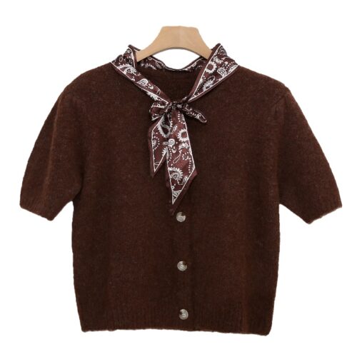 Short-Sleeve Button-Down Knit Top with Removable Scarf Detail