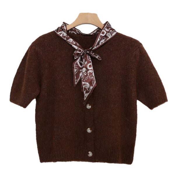Short-Sleeve Button-Down Knit Top with Removable Scarf Detail