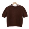 Short-Sleeve Button-Down Knit Top with Removable Scarf Detail