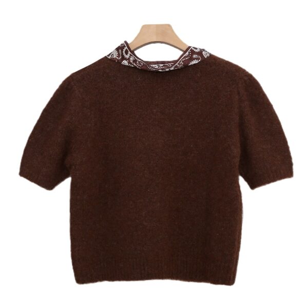 Short-Sleeve Button-Down Knit Top with Removable Scarf Detail