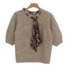 Women's Beige Knit Sweater with Paisley Bandana Scarf Necktie