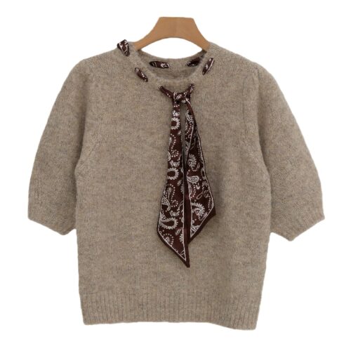 Women's Beige Knit Sweater with Paisley Bandana Scarf Necktie