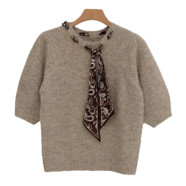 Women's Beige Knit Sweater with Paisley Bandana Scarf Necktie