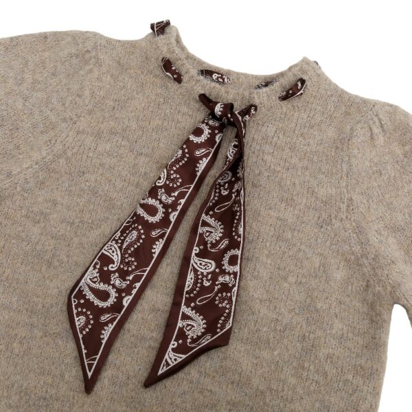 Women's Beige Knit Sweater with Paisley Bandana Scarf Necktie