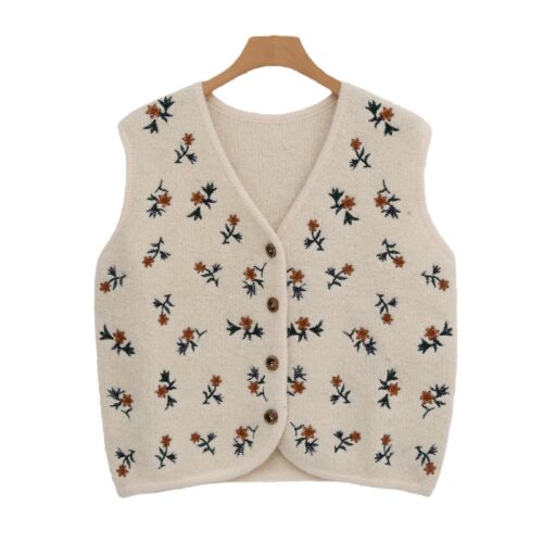 Women's Cream Knit Vest with Embroidered Floral Motifs