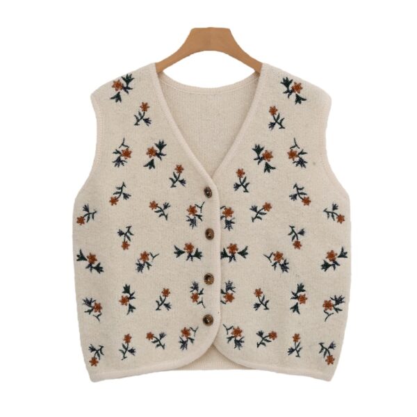Women's Cream Knit Vest with Embroidered Floral Motifs