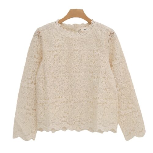 Long-Sleeve Semi-Sheer Lace Top with Back Button Closure