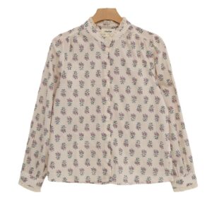 Women's Beige Floral Print Blouse with Lace Trimmed Collar