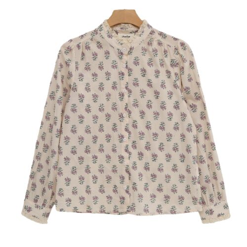 Women's Beige Floral Print Blouse with Lace Trimmed Collar