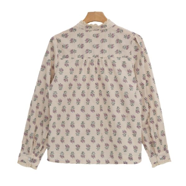 Women's Beige Floral Print Blouse with Lace Trimmed Collar